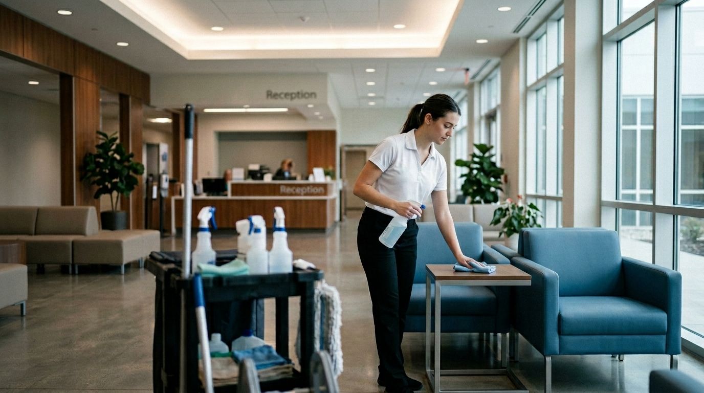 Professional Cleaner Disinfecting a Side Table inside a Medical Facility Waiting Area in Chanhassen, MN.