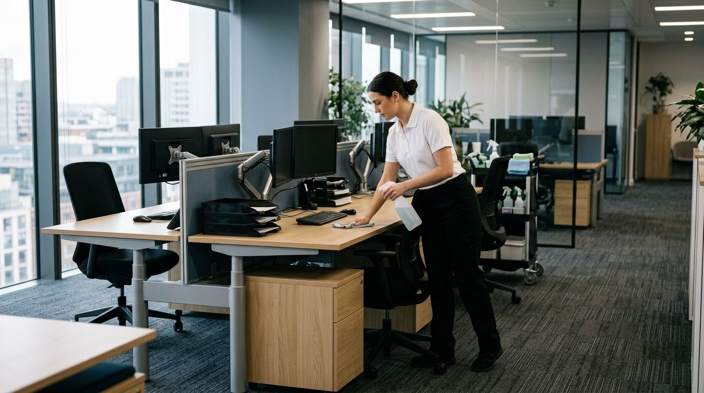 Professional Cleaner Disinfecting an Office Workstation inside a Financial Institution in Chanhassen, MN.