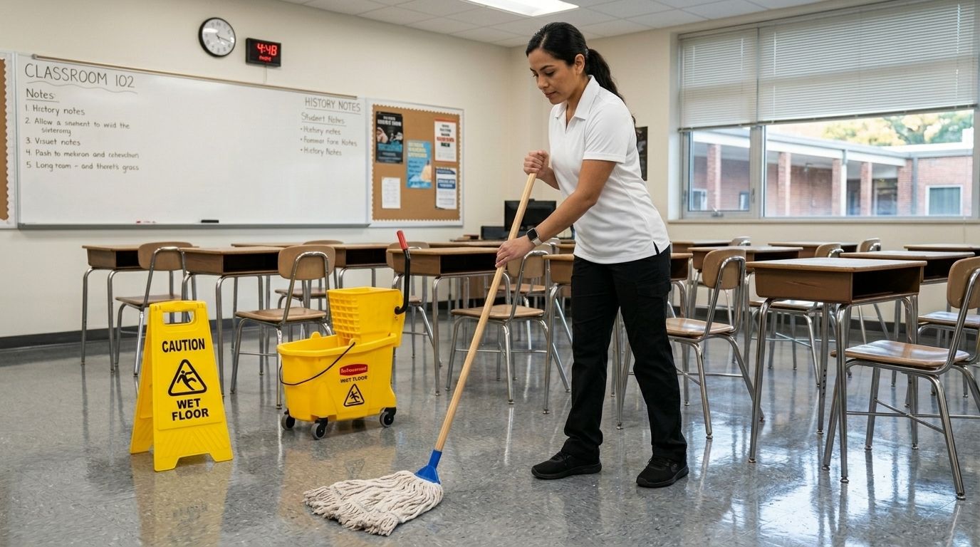 Professional Cleaner Mopping a Classroom Floor Between Student Desks in Chanhassen, MN.