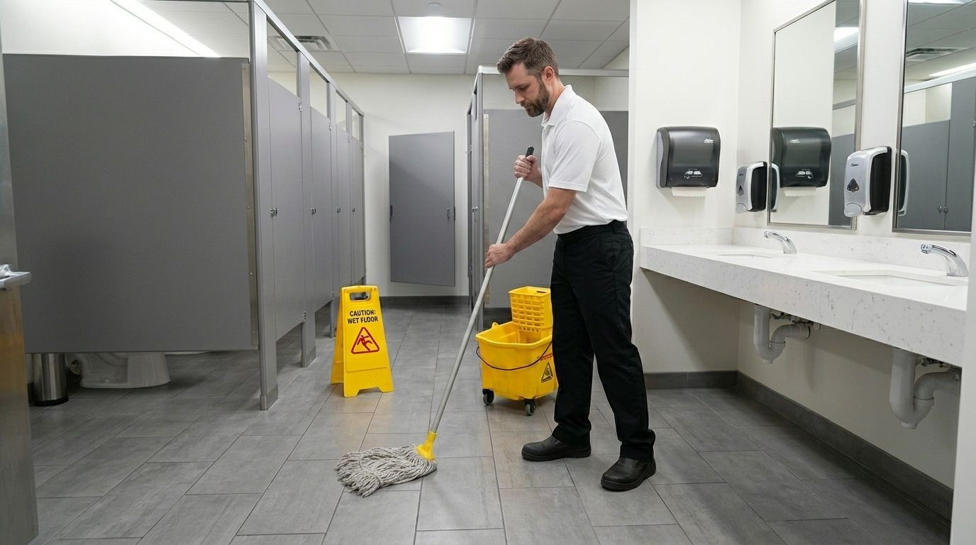 Professional Cleaner Mopping a Commercial Office Restroom Floor in Chanhassen, MN.