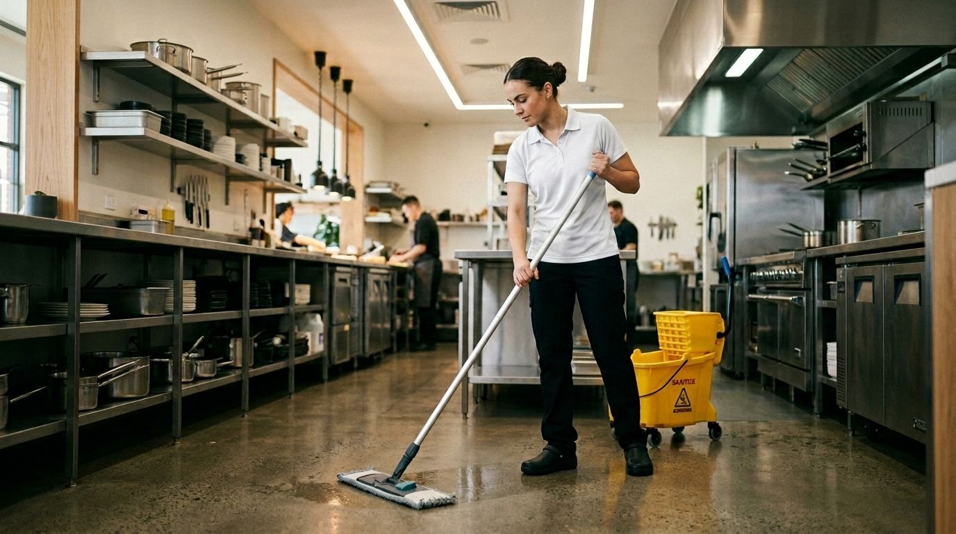 Professional Cleaner Mopping a Commercial Restaurant Kitchen Floor in Chanhassen, MN
