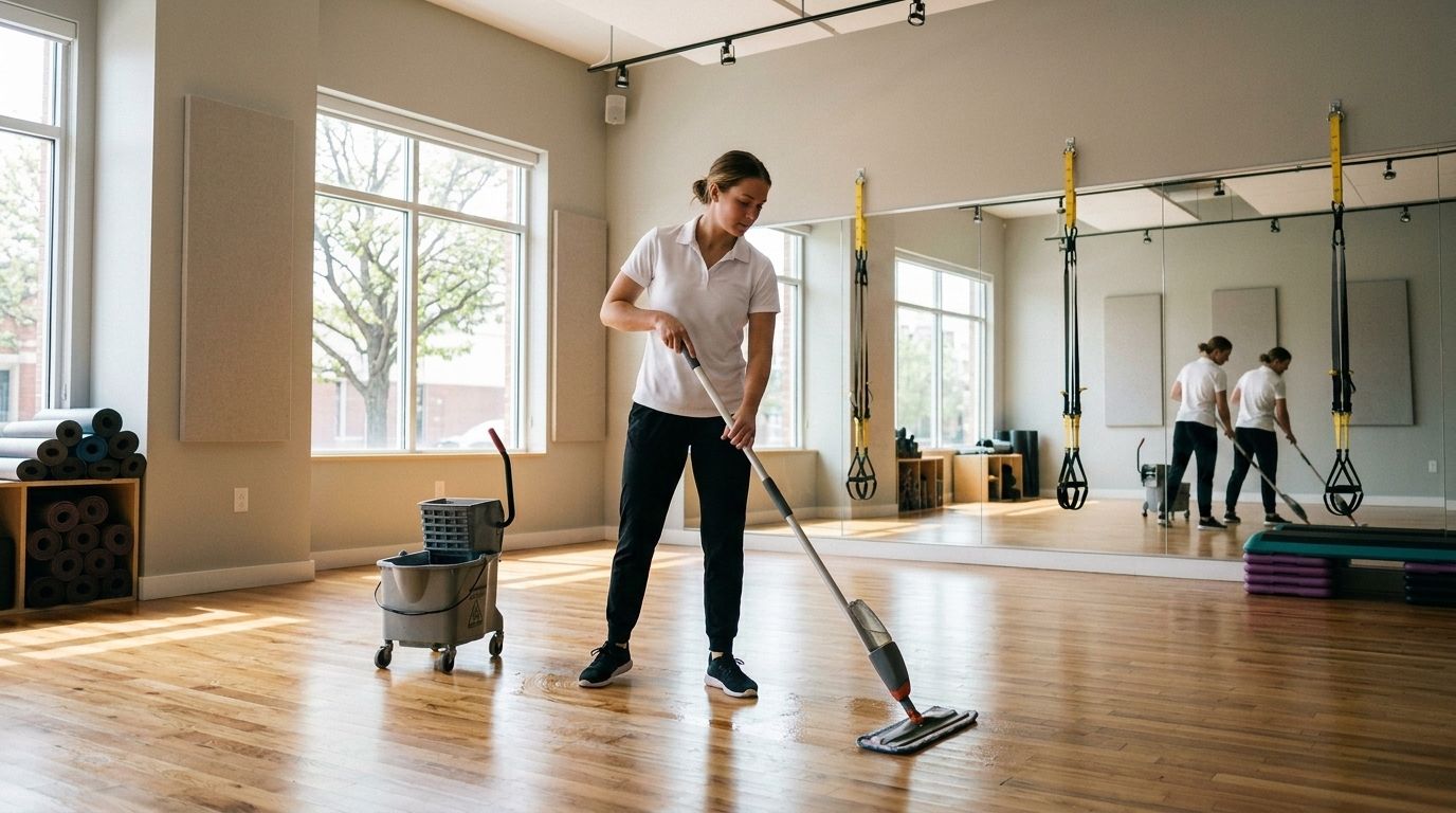 Professional Cleaner Mopping a Fitness Studio Floor in Chanhassen, MN.