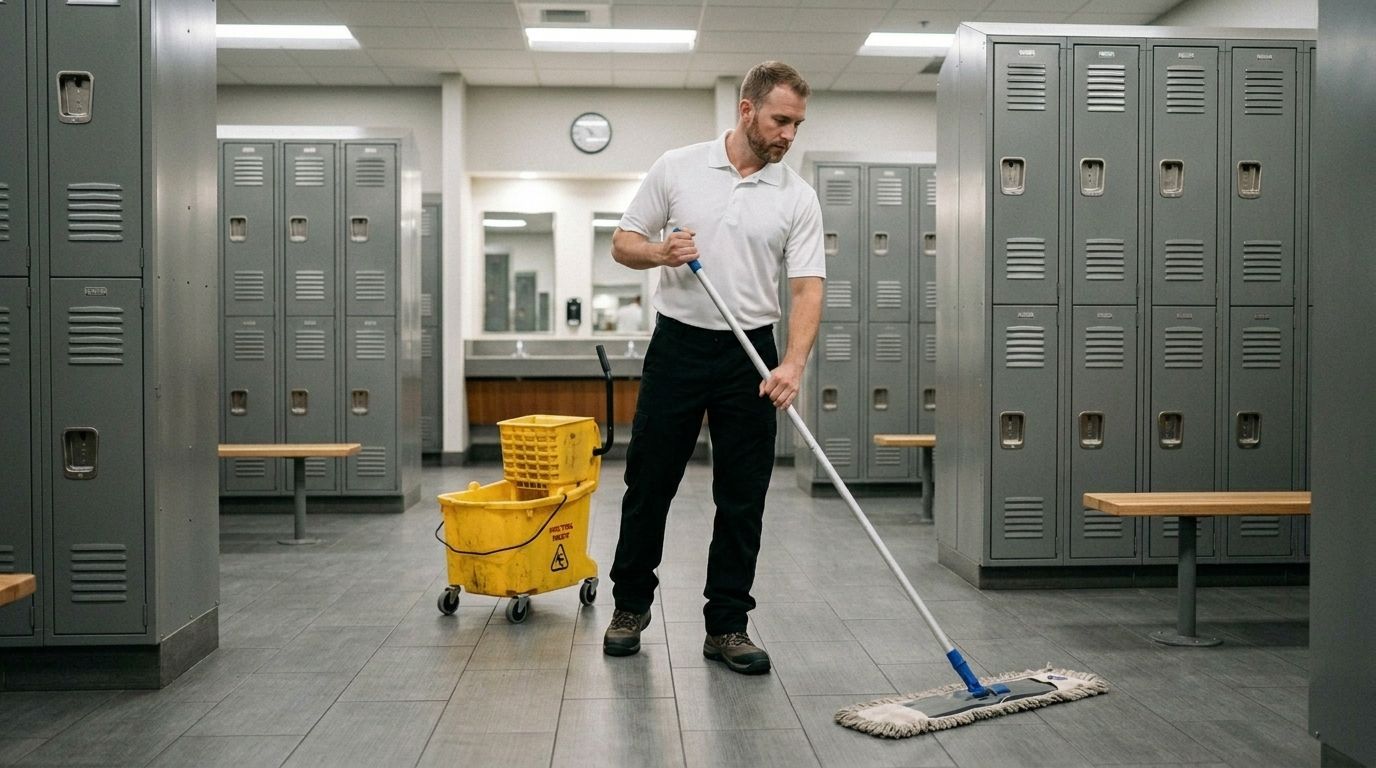 A professional cleaner is mopping a locker room floor inside a fitness center in Chanhassen, MN.