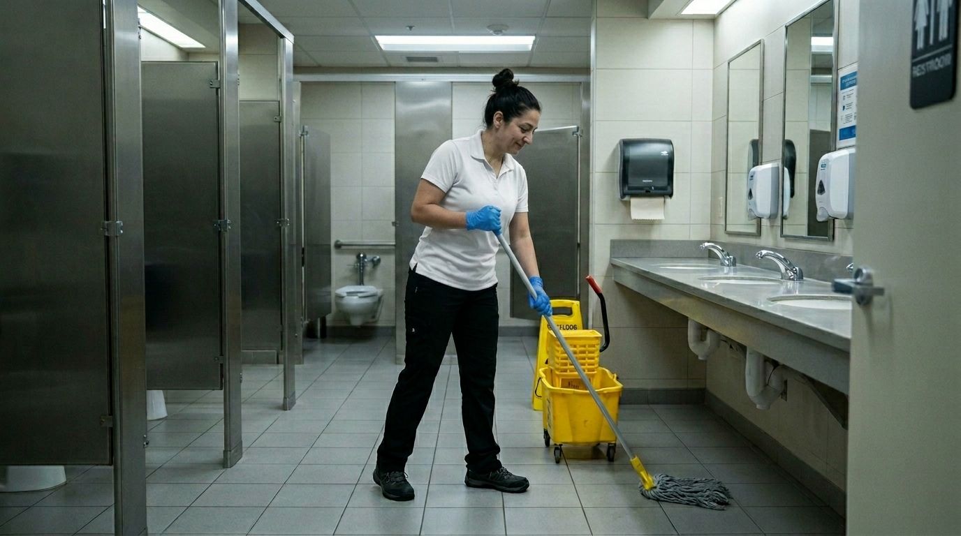 Professional Cleaner Mopping a Medical Facility Restroom Floor in Chanhassen, MN.
