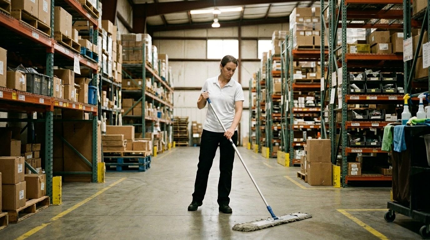 Professional Cleaner Mopping an Industrial Warehouse Aisle Floor in Chanhassen, MN.