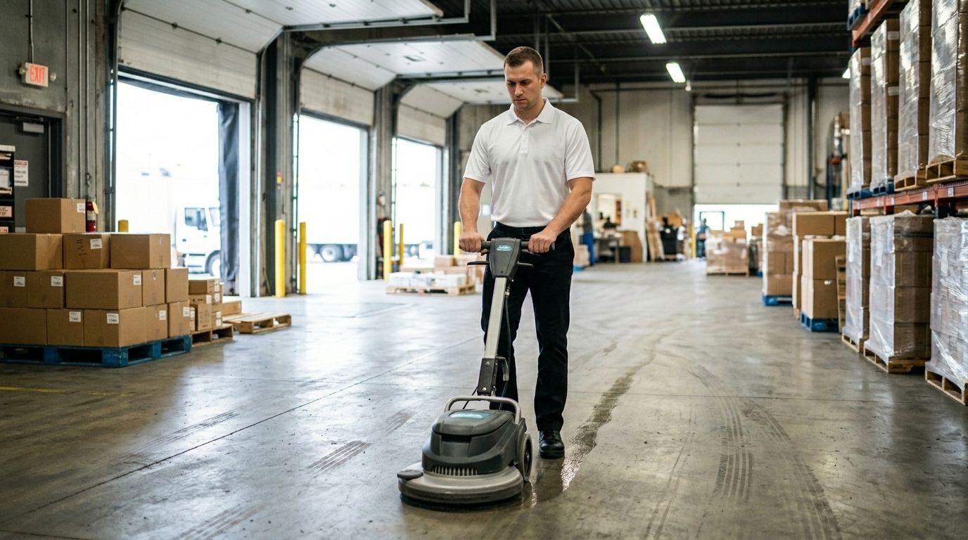 Professional Cleaner Operating a Floor Machine on a Loading Dock Floor in Chanhassen, MN.