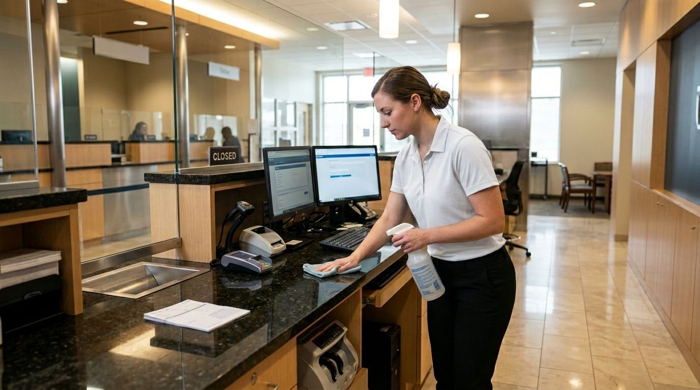 Professional Cleaner Sanitizing a Bank Teller Counter in Chanhassen, MN