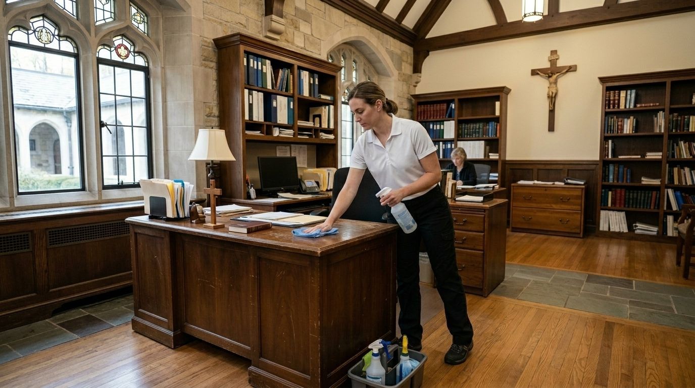 A professional cleaner sanitizing a church office desk inside a religious facility in Chanhassen, MN.