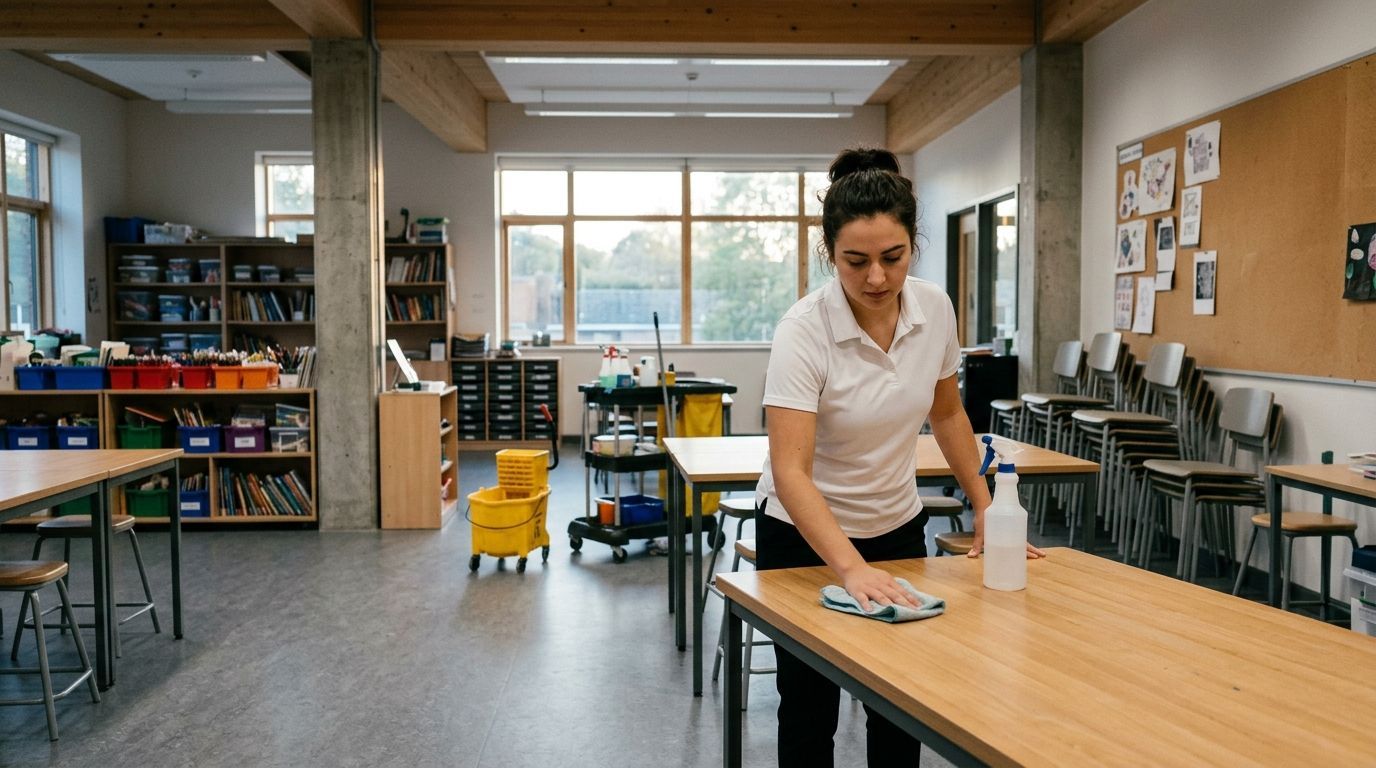 Professional Cleaner Sanitizing a Classroom Table inside a School Activity Room in Chanhassen, MN.