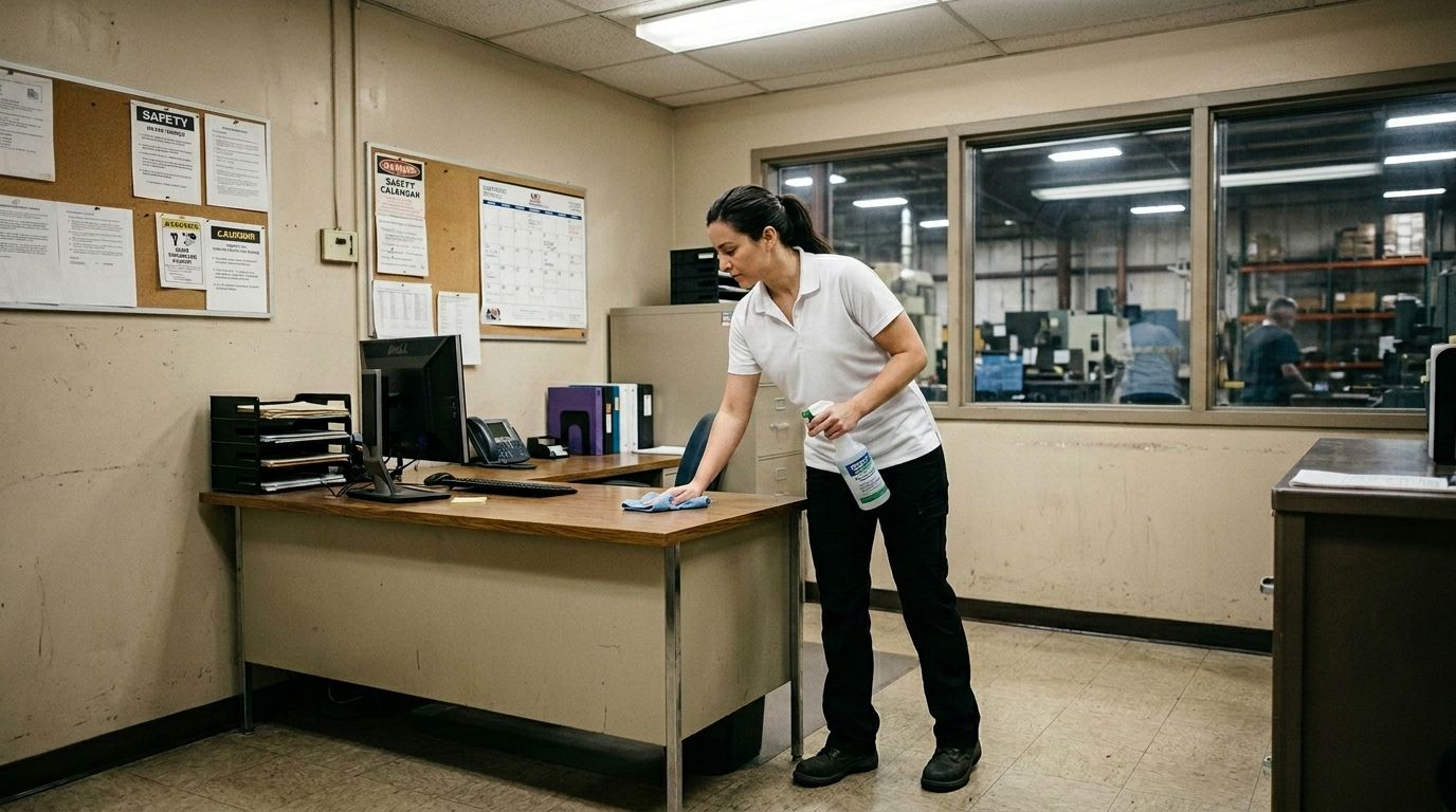 A professional cleaner sanitizing a desk inside an industrial facility office in Chanhassen, MN.