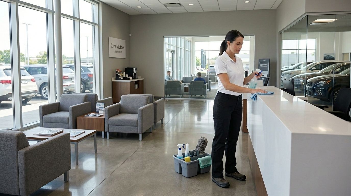 Professional Cleaner Buffing a Polished Auto Dealership Showroom Floor in Chanhassen, MN.