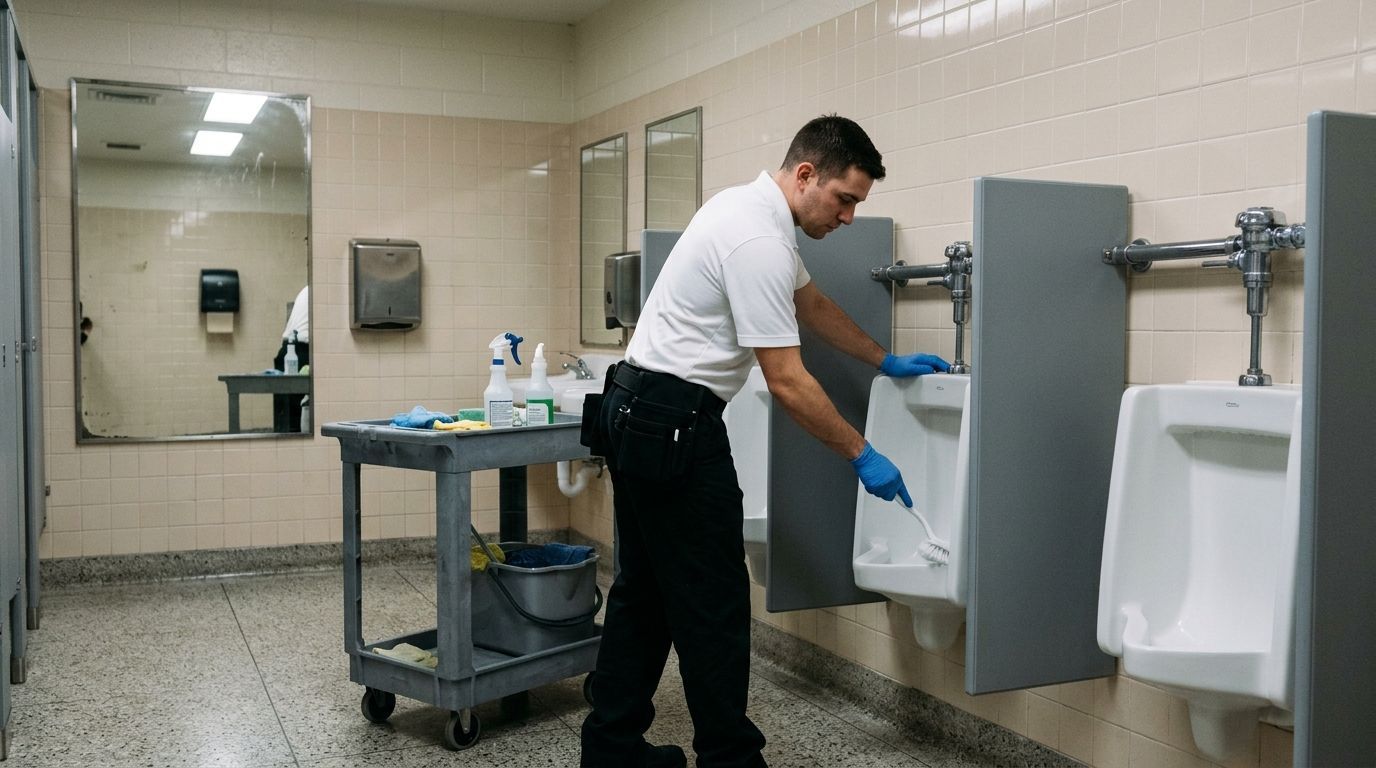 Professional Cleaner Scrubbing Urinals Inside a School Restroom in Chanhassen, MN.
