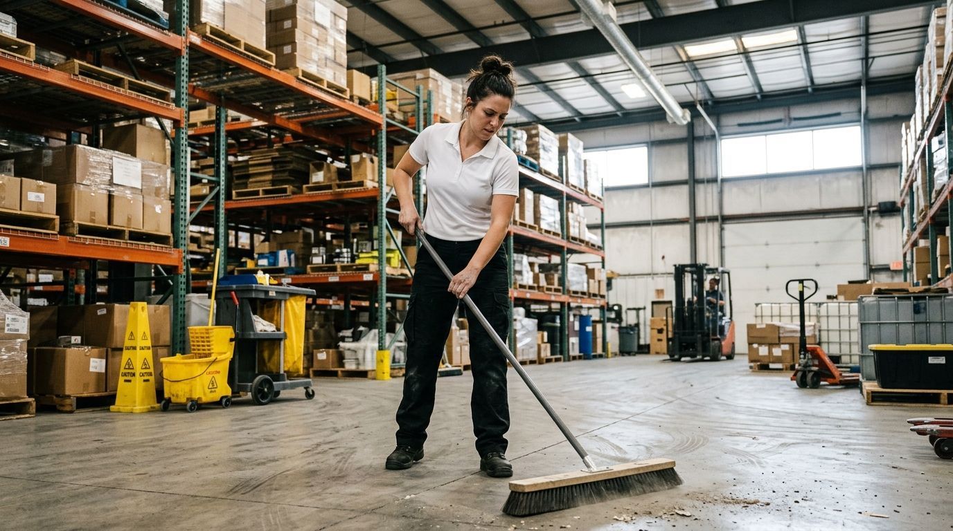 Professional Cleaner Sweeping Debris from a Warehouse Floor in Chanhassen, MN.