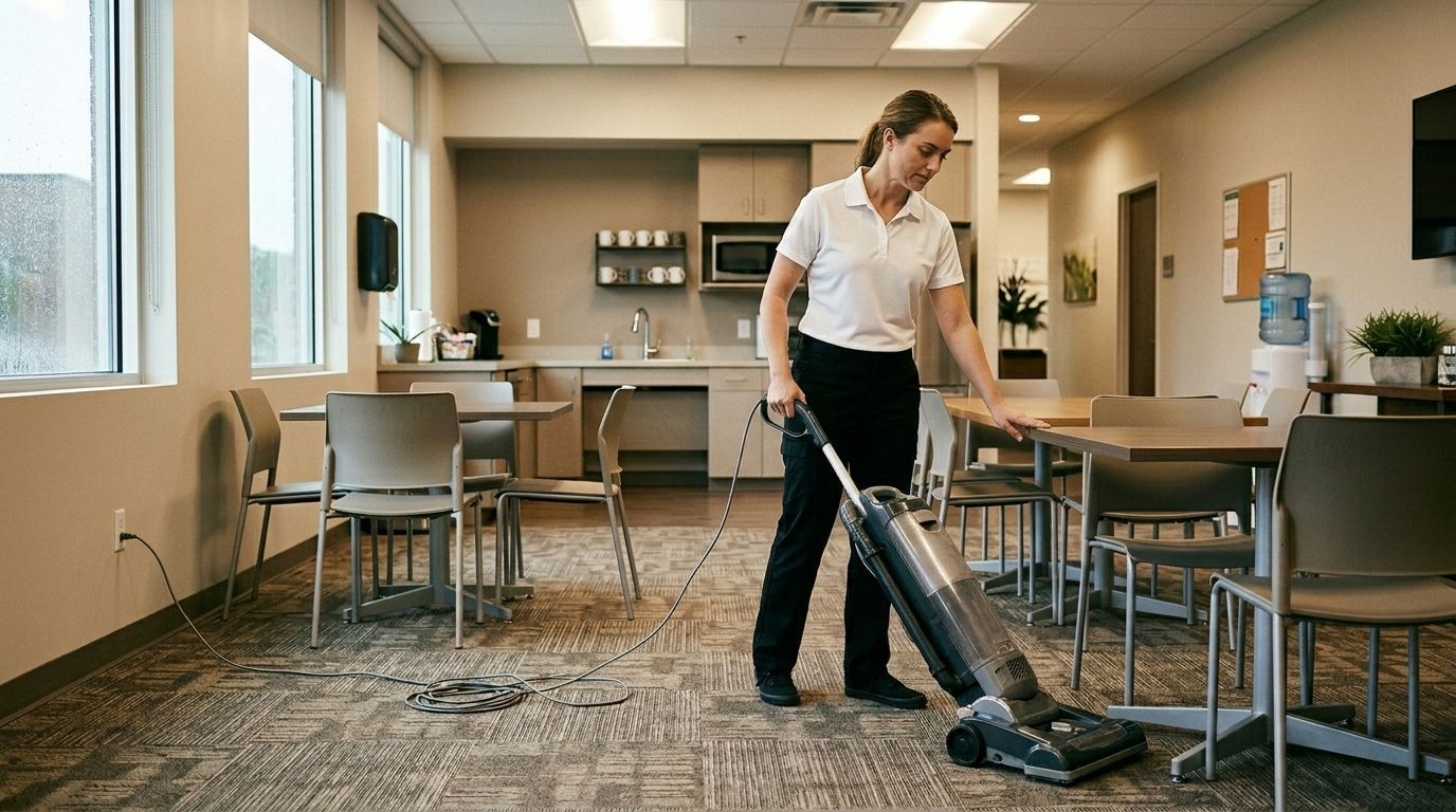 Professional Cleaner Vacuuming Carpet inside an Office Breakroom in Chanhassen, MN.