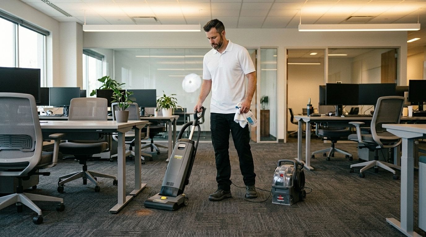 Professional Cleaner Vacuuming Carpet inside an Open Office Workspace in Chanhassen, MN.