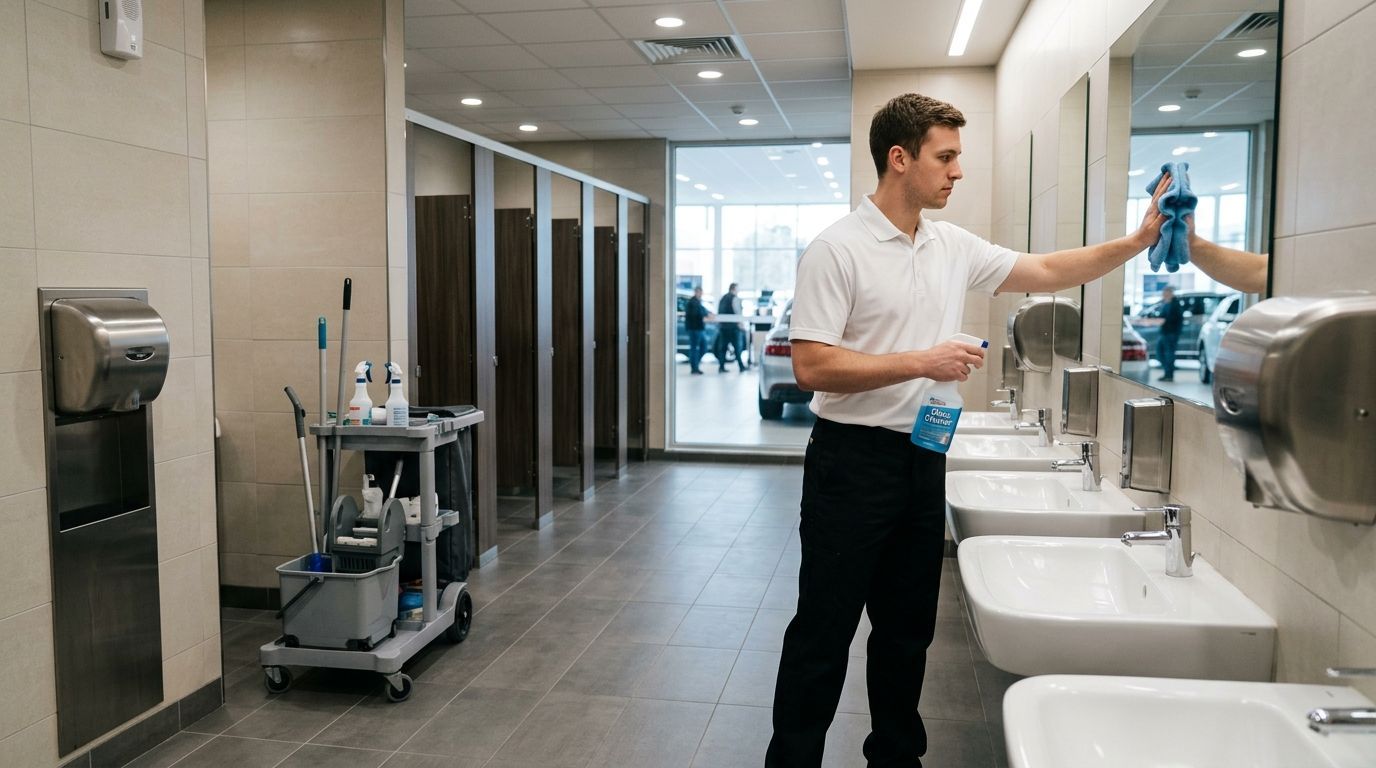 A professional cleaner wipes restroom mirrors inside a shopping center restroom in Chanhassen, MN.