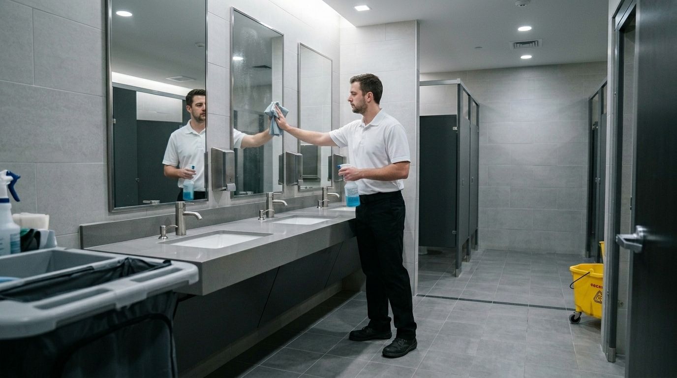 A professional cleaner wipes restroom mirrors inside an auto dealership restroom in Chanhassen, MN.
