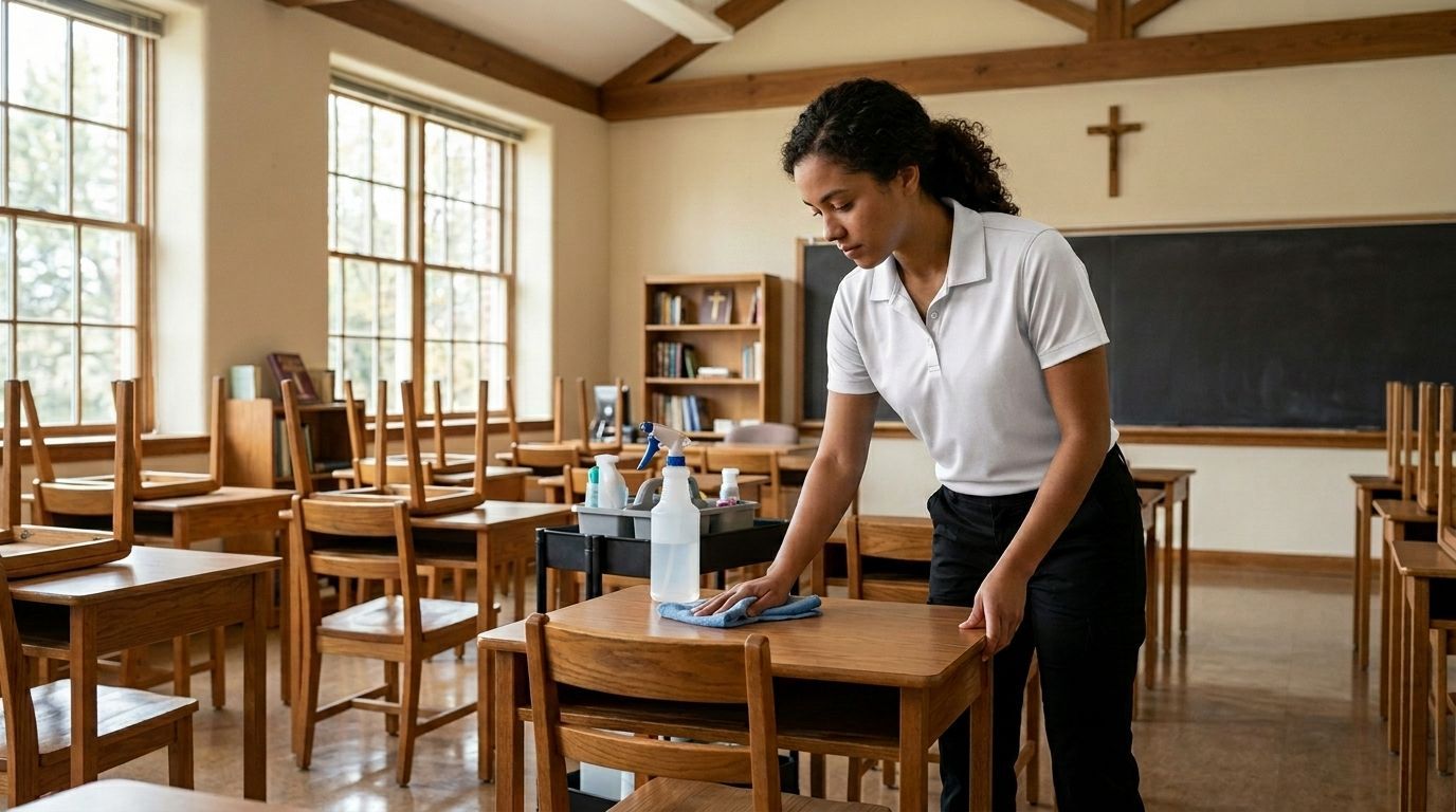 Professional Cleaner Wiping Tables Inside a Church Classroom in Chanhassen, MN.