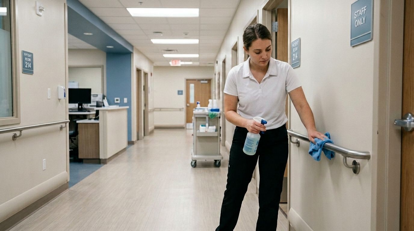 Professional Cleaner Wiping a Wall Handrail inside a Medical Facility Hallway in Chanhassen, MN.