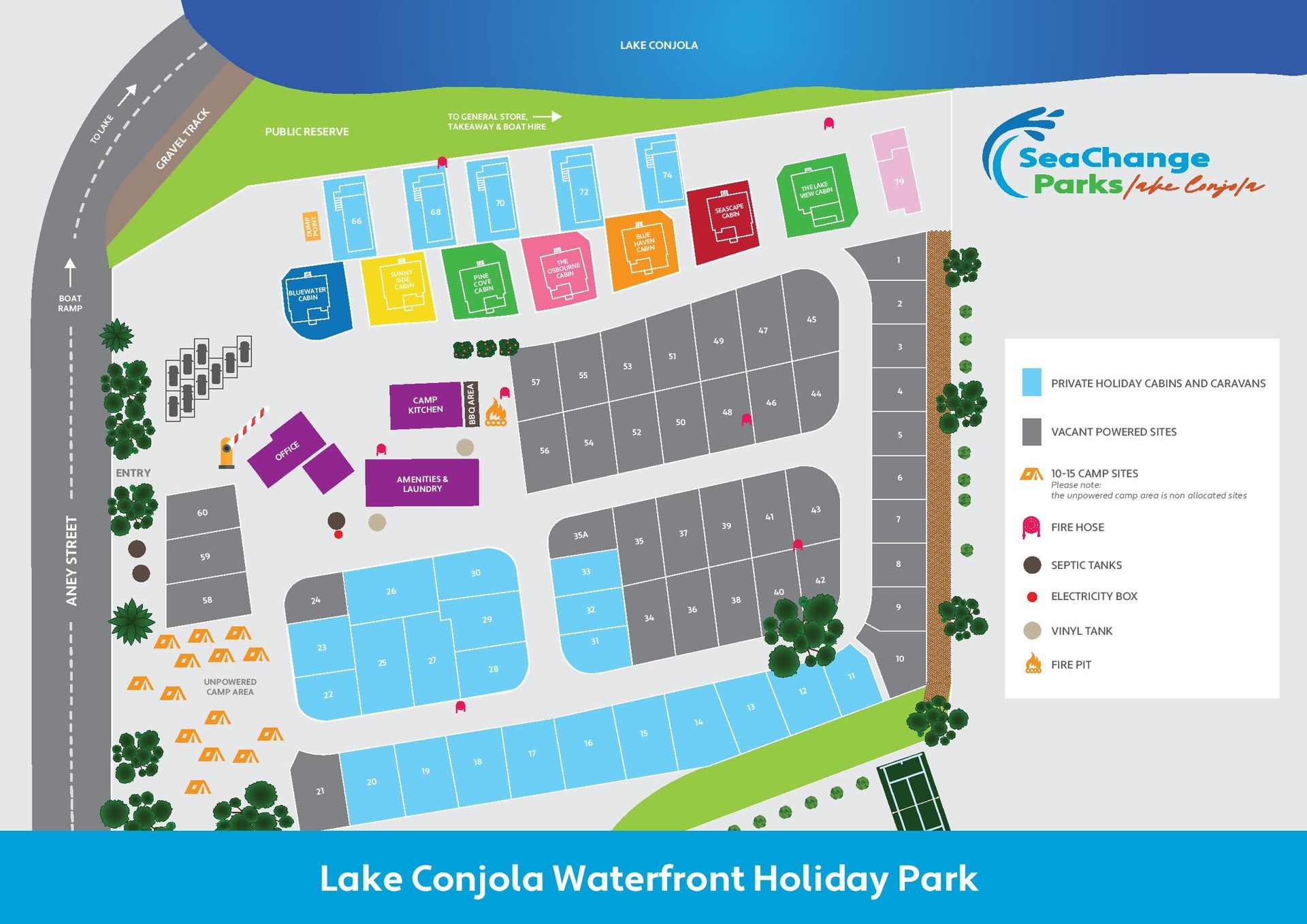 Map of Lake Conjola Waterfront Holiday Park, Camping Sites, and Amenities — SeaChange Parks Milton in Lake Conjola, NSW