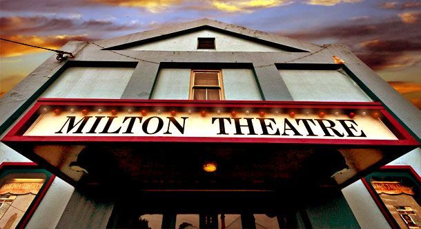The Illuminated Hilton Theatre Entrance at Night, Featuring a Marquee Sign — SeaChange Parks Milton in Milton, NSW
