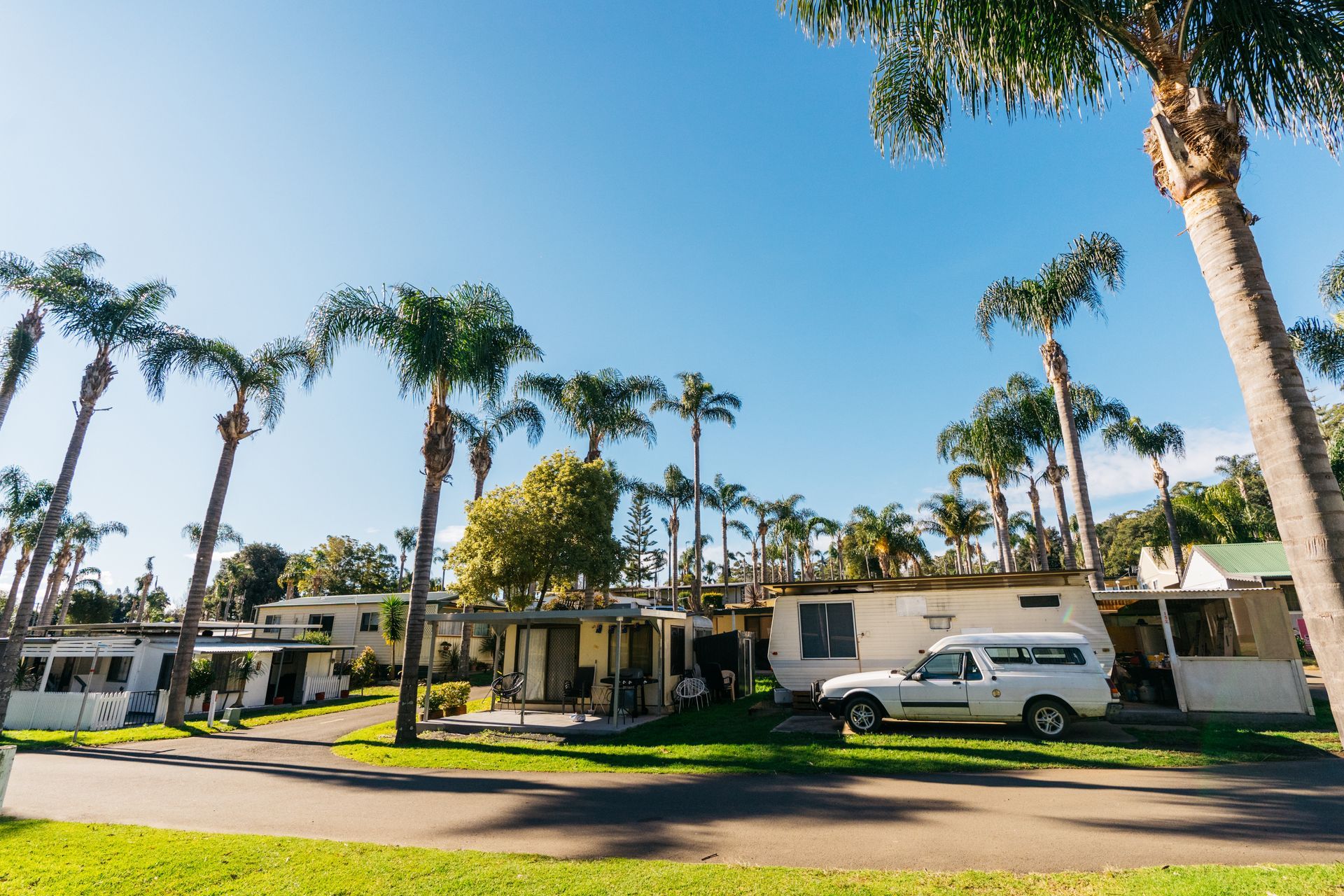 A Sunny Park Featuring Mobile Homes And Trailers Surrounded By Tall Palm Trees — SeaChange Parks Milton in Milton, NSW