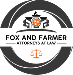Fox and Farmer Attorneys at Law logo with scales of justice in black, white, and orange