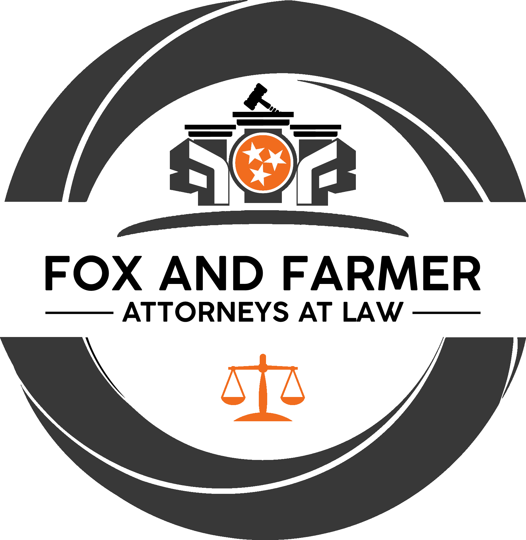 Fox and Farmer Attorneys at Law logo with scales of justice in black, white, and orange