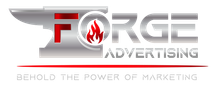 The logo for forge advertising shows a flame and says behold the power of marketing.