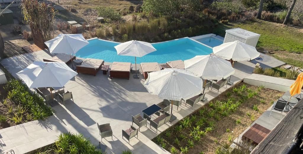 Una vista aérea de una piscina rodeada de sombrillas y sillas.