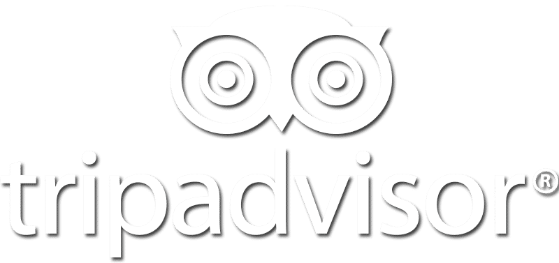 Un logotipo de TripAdvisor blanco con un remolino en el medio.
