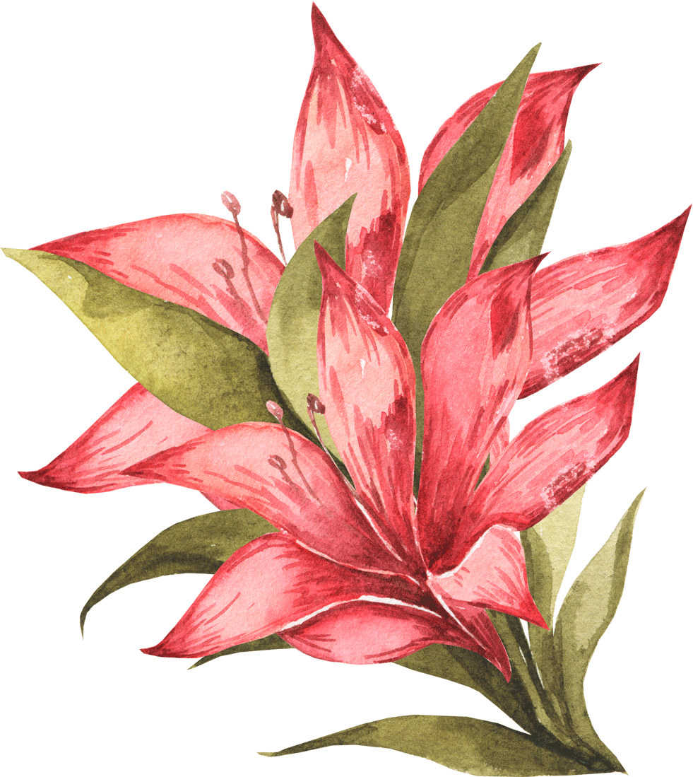 Una pintura de acuarela de una flor rosa con hojas verdes.