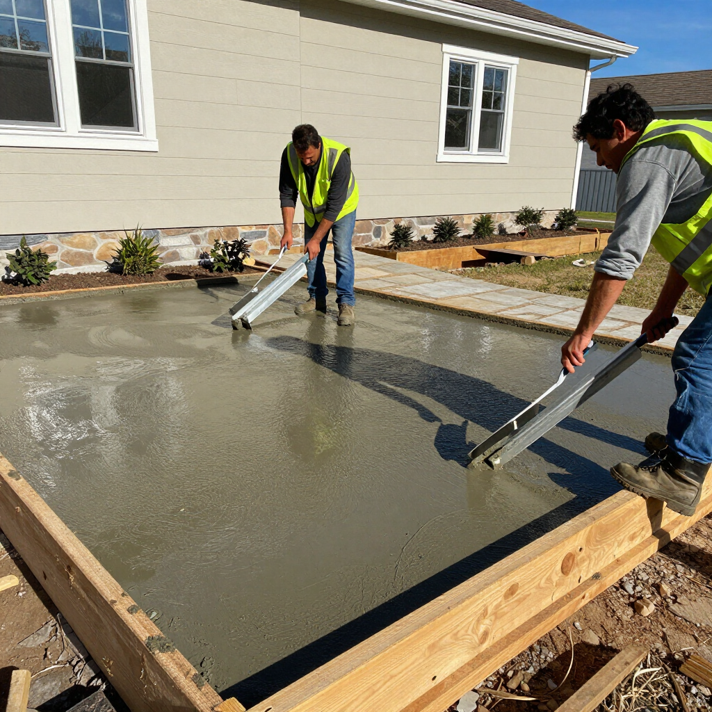 new concrete slab behind house, 2 guys