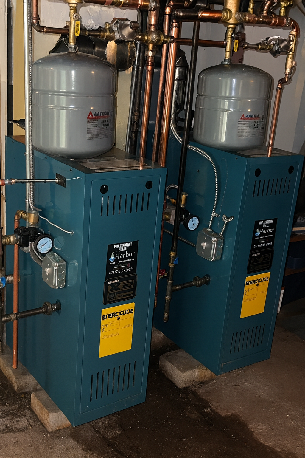 Two blue boilers with expansion tanks and copper pipes in a utility room.