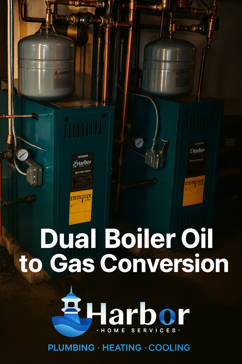 Dual teal boilers with copper pipes, converted from oil to gas. 