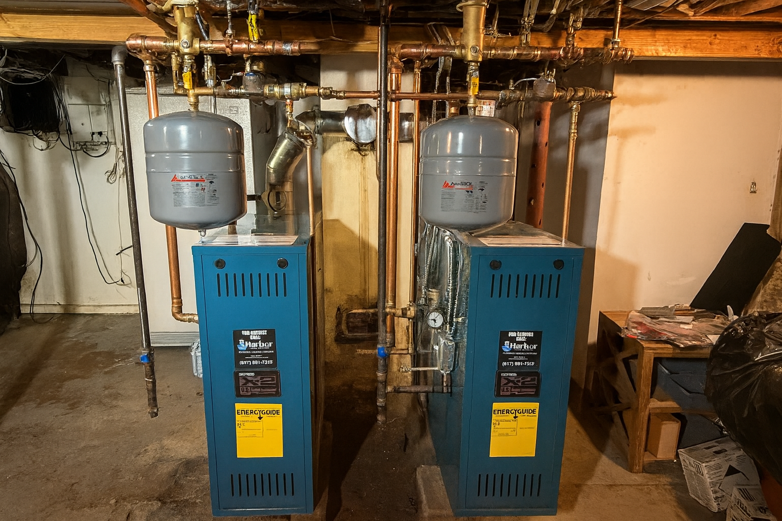 Two blue heating boilers with copper pipes and expansion tanks in a basement setting.
