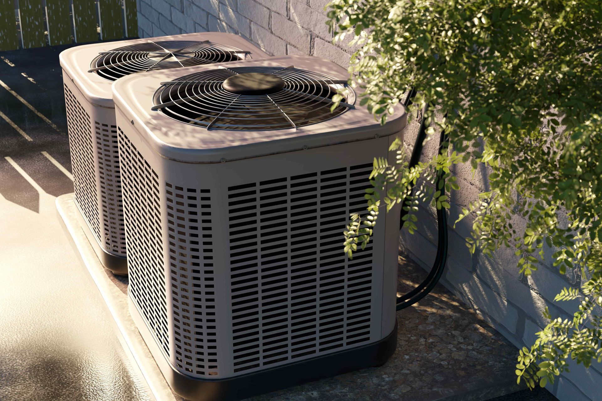 Two outdoor air conditioning units beside a wall, with sunlight and tree branches nearby