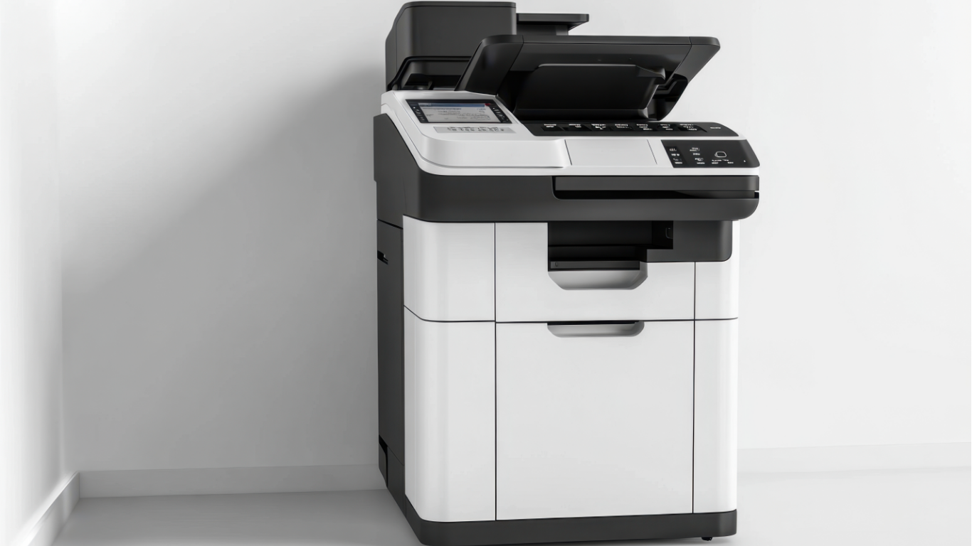 Black-and-white office copier with document feeder against a plain wall