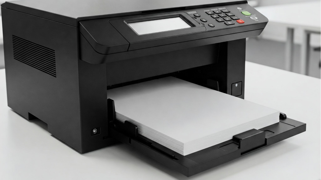 Black multifunction printer with paper tray extended, printing in a modern office setting