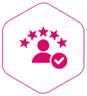 Pink outline of a hexagon with a person icon, five stars, and a check mark
