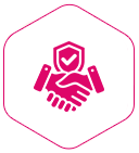 Pink hexagon icon of shaking hands with a shield and checkmark, symbolizing security and trust