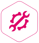 Pink gear and wrench icon inside a hexagon outline on a white background