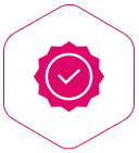 Pink award badge with a white checkmark inside a hexagon outline