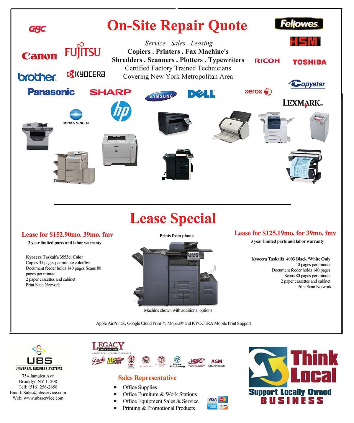 Promotional flyer for on-site copier/printer repair and lease specials with business logos and office machines