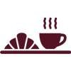 Croissant and coffee cup on a tray, both in burgundy, steam rising from the cup.