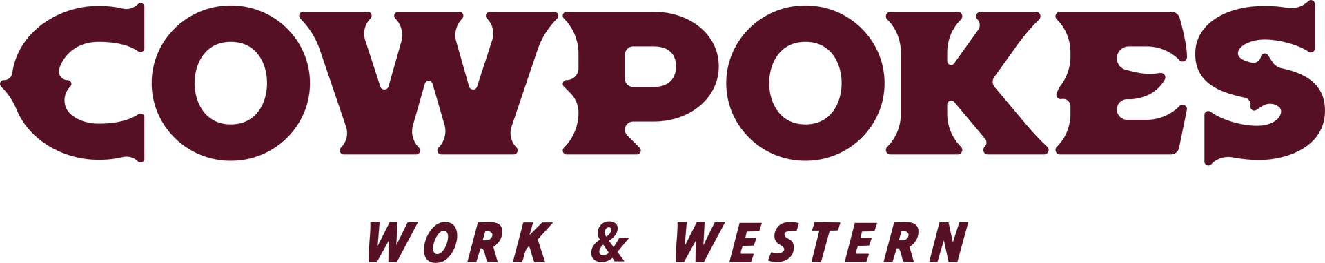 COWPOKES Work & Western logo in maroon text on a white background