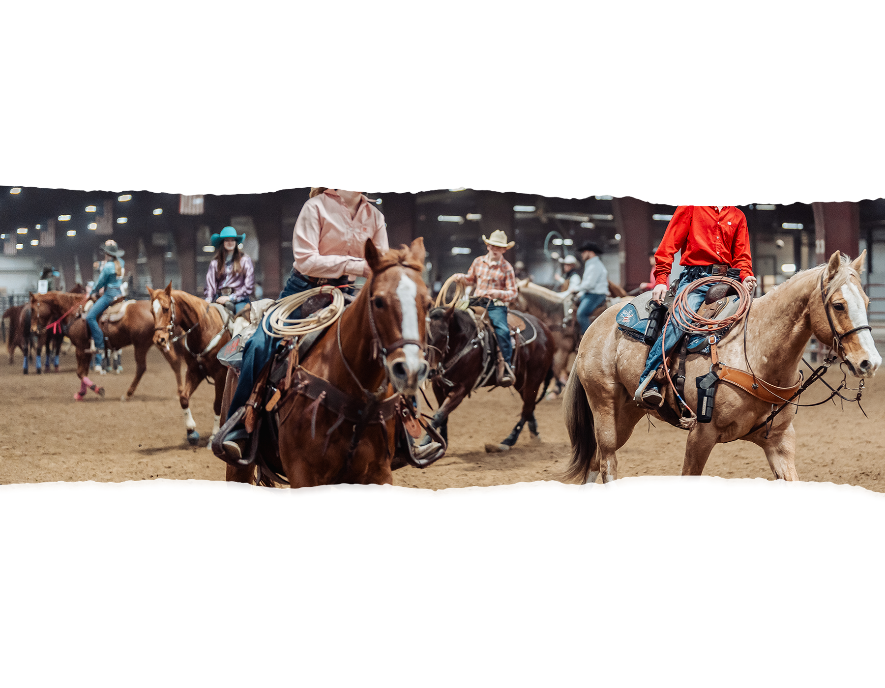 People on horseback in a rodeo arena, roping and riding.