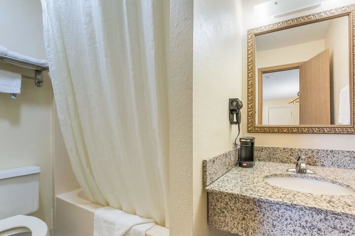 Small bathroom with shower curtain, toilet, and granite sink vanity with gold-framed mirror.