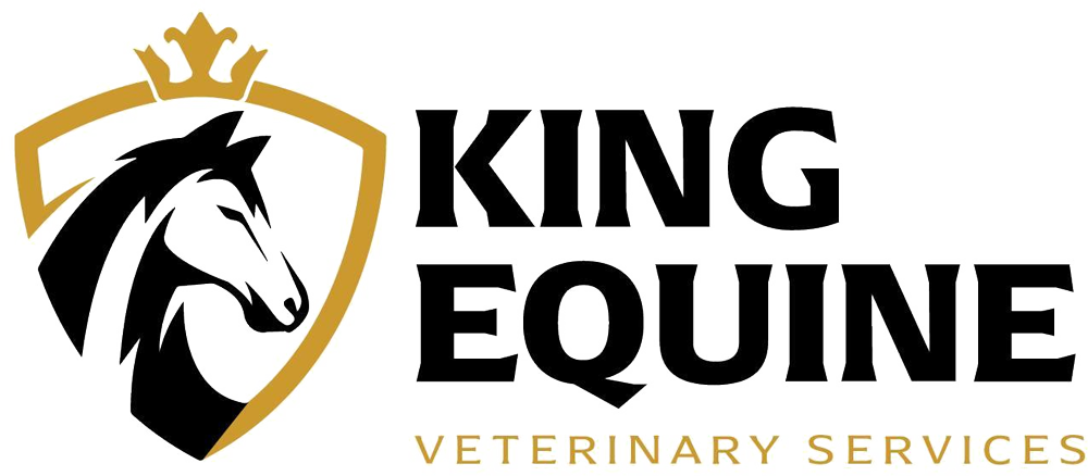 Logo of King Equine Veterinary Services, featuring a horse head within a gold shield and crown; the text is black.