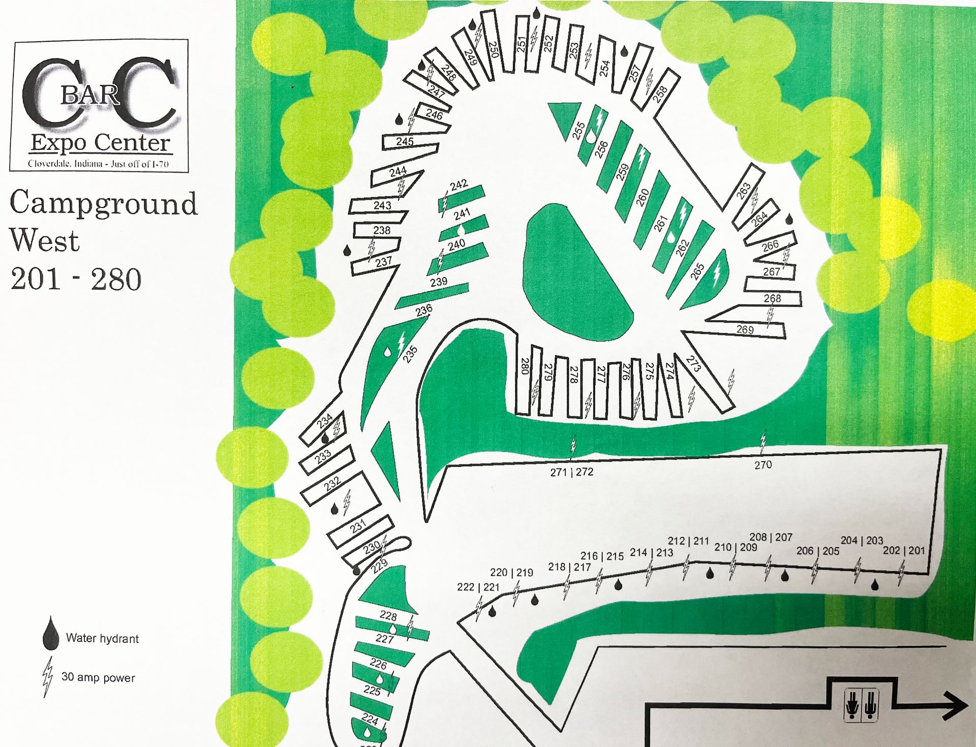 A map of C&C Expo Center Campground West, showing the layout of campsites 201-240 and surrounding greenery.